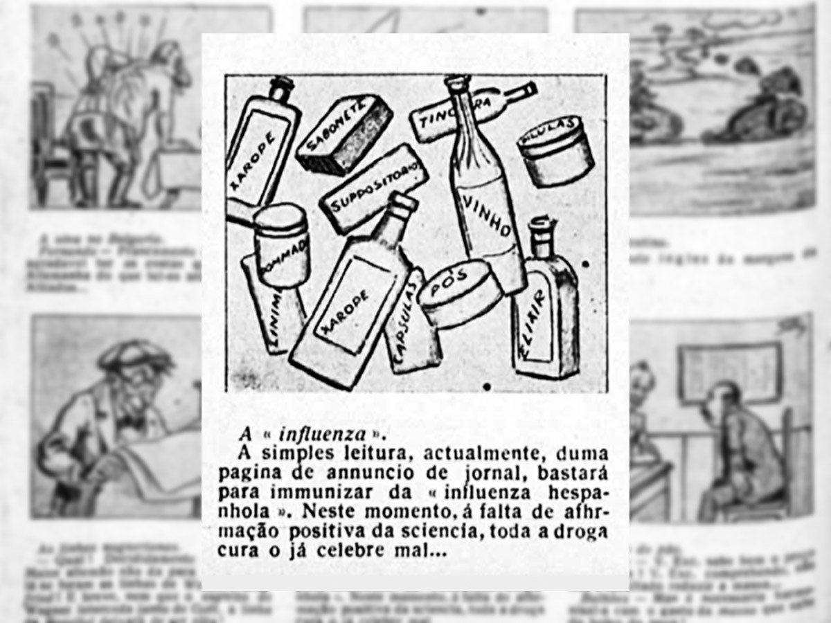 De xaropes a supositórios: charge da revista Fon Fon critica oferta de remédios que prometem milagres contra a gripe espanhola (imagem: Biblioteca Nacional)